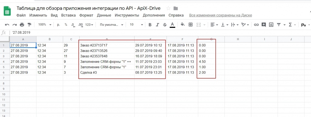 Данные, переданные в Google Sheets